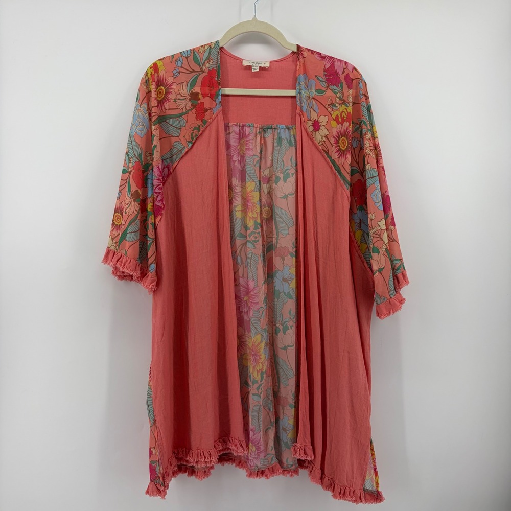 Umgee Womens 1XL/2XL Coral Pink Floral Kimono Cardigan Frayed Fringe Boho Arsty - Picture 1 of 6